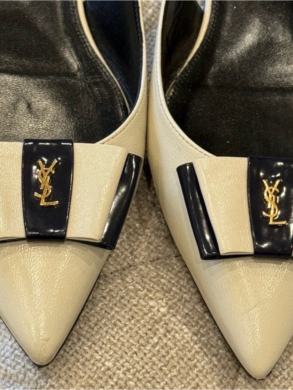 Yves Saint Laurent Cream and Black Bow Slingback Flats - Picture 3 of 5